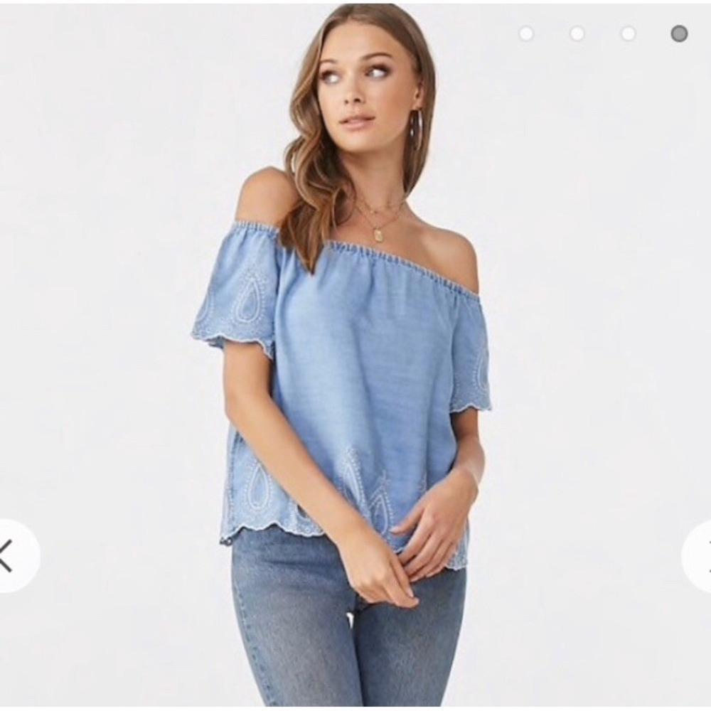 Forever 21 Blue Eyelet Embroidered Off Shoulder‎ Scalloped Boho Summer Crop Sz M